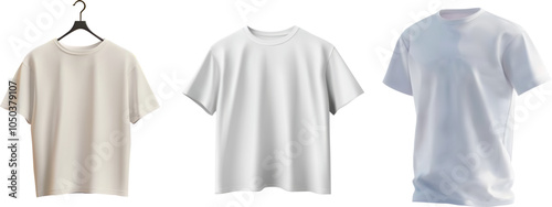 A versatile collection of plain white and beige t-shirts, including one on a hanger. Ideal for showcasing designs, mockups, and fashion presentations. Minimalistic and clean for various applications.