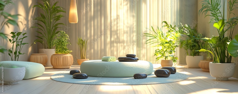Fototapeta premium Peaceful spa room with aromatherapy and hot stones, natural healing, 3D illustration