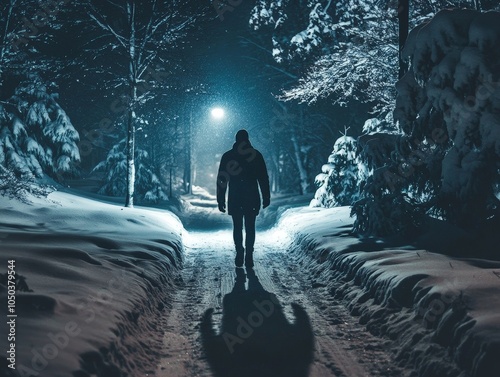 A person walking alone down a snowy path at night, their footsteps the only sound in the cold, silent landscape. photo