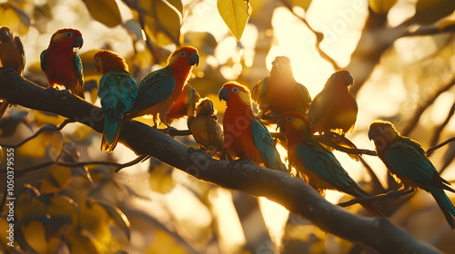 Lively Flock of Eastern Rosellas Perched on a Scenic Tree Illuminated by Warm Golden Sunlight photo