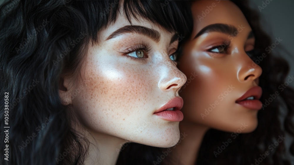 Two women with different skin tones looking to the side with their faces close together. Two women with different skin tones looking to the side with their faces close together.