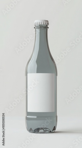 A clear glass bottle with a simple white label is presented against a soft gray backdrop