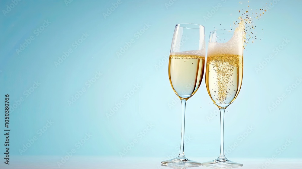 Fototapeta premium Two glasses of champagne with golden sparkles, celebrating New Years Eve in a festive style.
