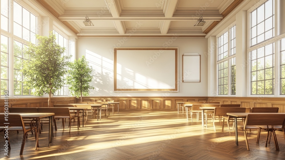 Obraz premium A spacious classroom with wooden desks and chairs, large windows, and a blank whiteboard.