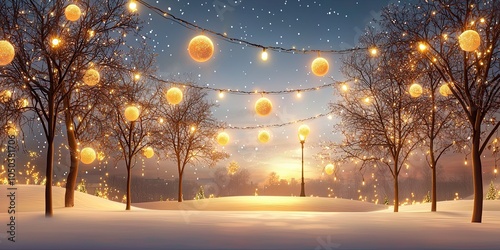 Warm golden string lights wrapped around trees in a park, casting a soft glow against the night sky in a festive holiday scene. photo