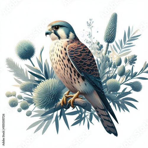 illustrate falcon bird as a realistic painting with a flat block colour australian native plant in the background photo