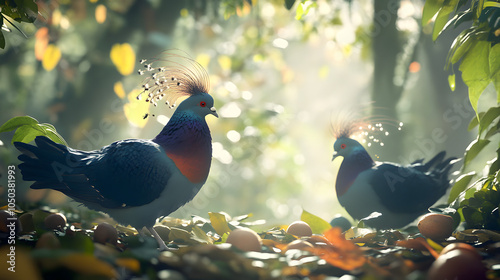 Victoria Crowned Pigeons Wandering Peacefully in Their Rich Tropical Habitat Foraging Among Leaves and Underbrush photo