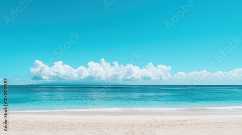 Wide-open beach with endless white sand and blue ocean, creating a clean, minimalistic coastal background. photo