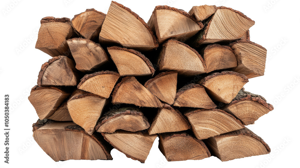 Close-up of a neatly stacked pile of split firewood logs on a transparent background, ideal for themes of camping, heating, and rustic decor.
