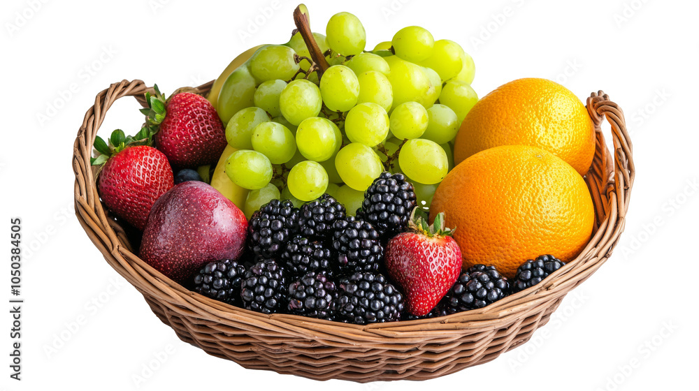 Wicker basket filled with a variety of fresh fruits including grapes, oranges, strawberries, blackberries, and an apple on a transparent background.
Wicker basket filled with a variety of fresh fruits including grapes, oranges, strawberries, blackberries, and an apple on a transparent background.