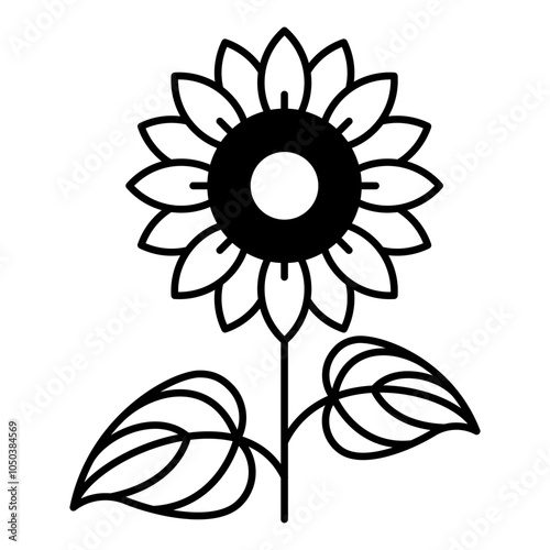 Sunflower icon. Flat line illustration of agriculture plant with large flower, leaves, oily seeds in flower core. Minimalistic symbol for label, flower shop, cookbook, design. Editable thin strokes