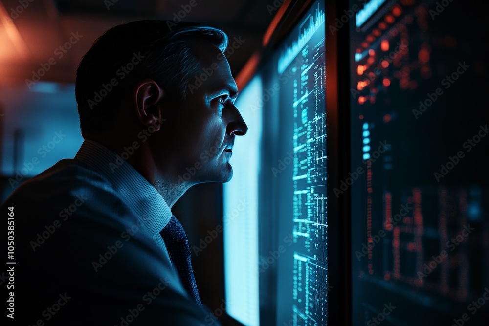 Fototapeta premium A security expert in a dark room analyzing a data breach in real-time, tracking the hacker movements through the company network.