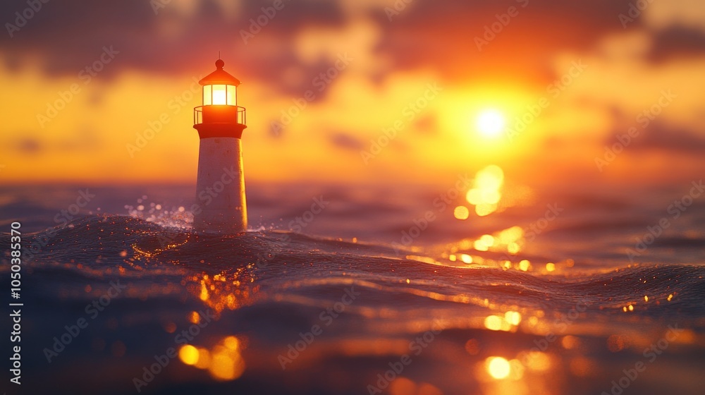 Fototapeta premium A small lighthouse stands tall in the ocean at sunset, its beacon casting a warm glow against the fiery sky.