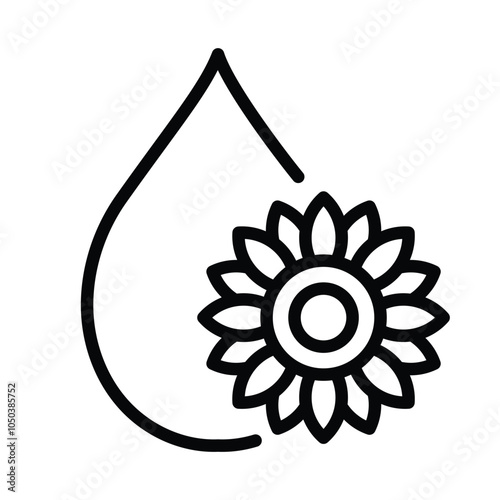 Sunflower oil icon. Drop of oil with stylized sunflower plant. Line icon, editable strokes. Modern icon for packaging, web, design.