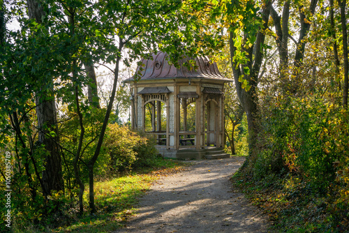 Romantic pavilion in vienna Woods in Baden in Kurpark with german text 
