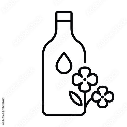 Mustard oil icon. Bottle of oil with stylized mustard plant. Line icon, editable strokes. Modern icon for packaging, web, design.