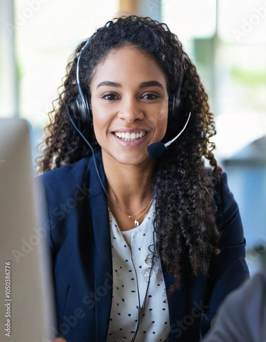 Call center workers.Happy smiling woman working in call center

 photo