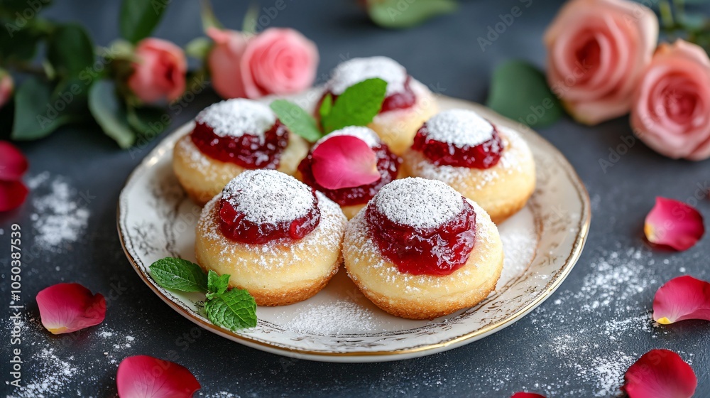 Traditional Polish pączki with rose jam filling, placed on a white porcelain plate, sprinkled with powdered sugar and surrounded by rose petals and fresh mint leaves