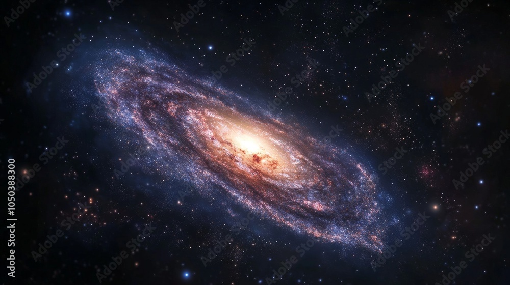 Naklejka premium A space telescope capturing a distant galaxy, with swirling stars and nebulae filling the screen, highlighting the vastness of space.