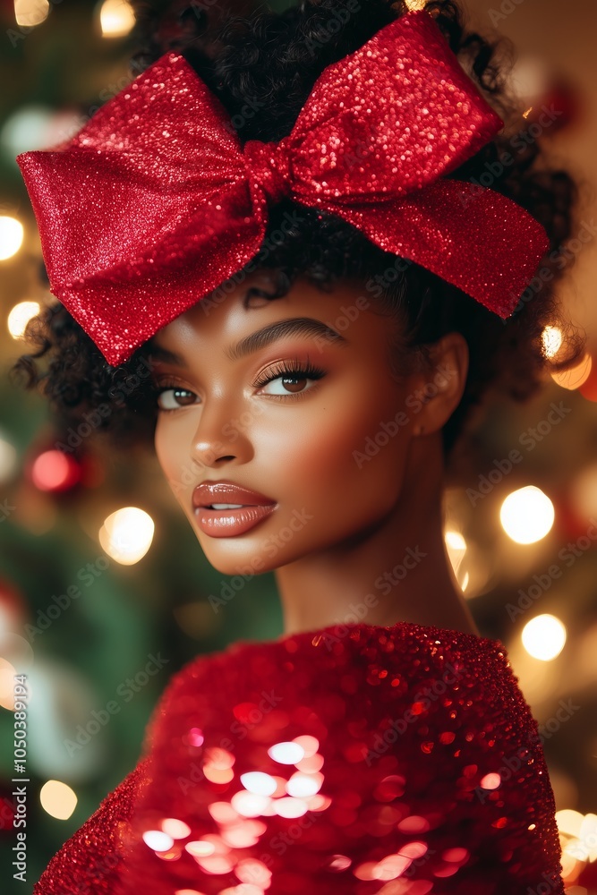 beautiful black woman wearing a beautiful red bow head piece, red sequin dress, christmas tree blurred background beautiful black woman wearing a beautiful red bow head piece, red sequin dress, christmas tree blurred background