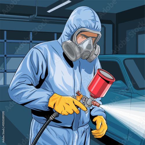 Painter in protective gear spraying with airgun