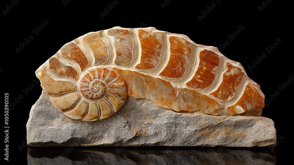 Fossilized ammonite shell with intricate spiral patterns. Fossilized ammonite shell with intricate spiral patterns.