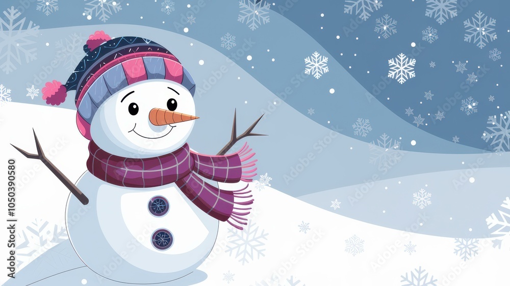 Cheerful Cartoon Snowman Colorful Hat Scarf Snowy Winter Wonderland - Perfect Holiday Marketing, Christmas Cards, Seasonal Promotions Cheerful Cartoon Snowman Colorful Hat Scarf Snowy Winter Wonderland - Perfect Holiday Marketing, Christmas Cards, Seasonal Promotions