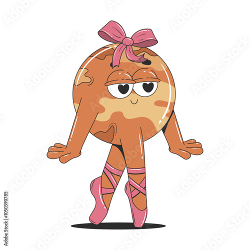 Cartoon Venus planet in pointe shoes. Retro groovy character. Isolated vector illustration.