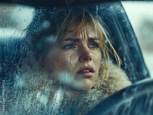 A woman crying in her car, with the windows fogged up from the cold and her sadness evident in her posture. photo