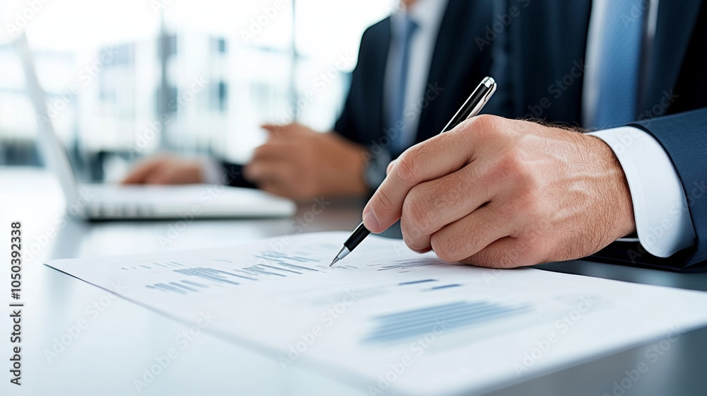 image depicts business setting where man is analyzing financial documents while another person is working on laptop. focus is on professionalism and collaboration in corporate environment image depicts business setting where man is analyzing financial documents while another person is working on laptop. focus is on professionalism and collaboration in corporate environment