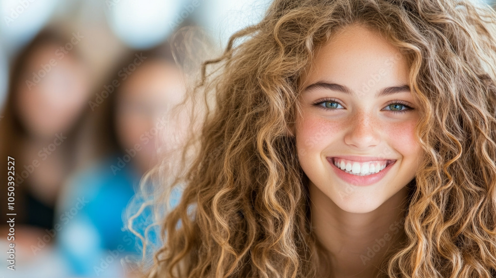 young girl with curly hair smiles brightly, showcasing her joyful expression in classroom setting. Her vibrant personality shines through, creating warm atmosphere young girl with curly hair smiles brightly, showcasing her joyful expression in classroom setting. Her vibrant personality shines through, creating warm atmosphere