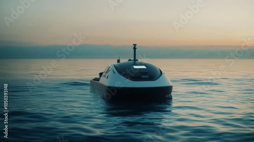 An AI-powered autonomous boat navigating open waters, used for scientific research and environmental monitoring. photo