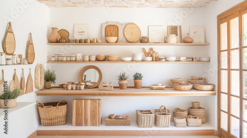 A beautifully arranged interior showcasing natural materials and minimalist decor. shelves are filled with pottery, woven baskets, and wooden items, creating warm and inviting atmosphere