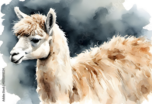 A watercolor painting of a llama with a fluffy mane against a gray background.