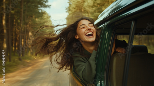 Wind in her Hair: A young woman leans out of a car window, her hair whipping in the wind, as she laughs with pure joy on a road trip through a picturesque forest. 