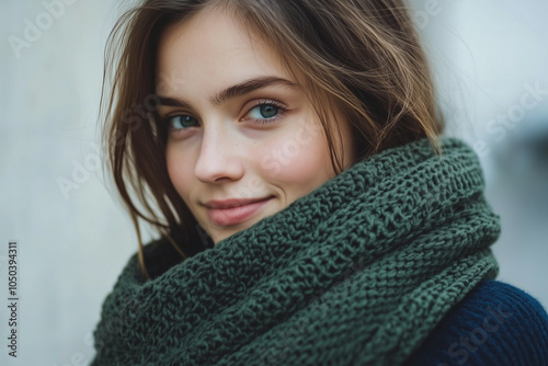 model wearing a chunky green waffle-stitch scarf, paired with a navy blue sweater photo