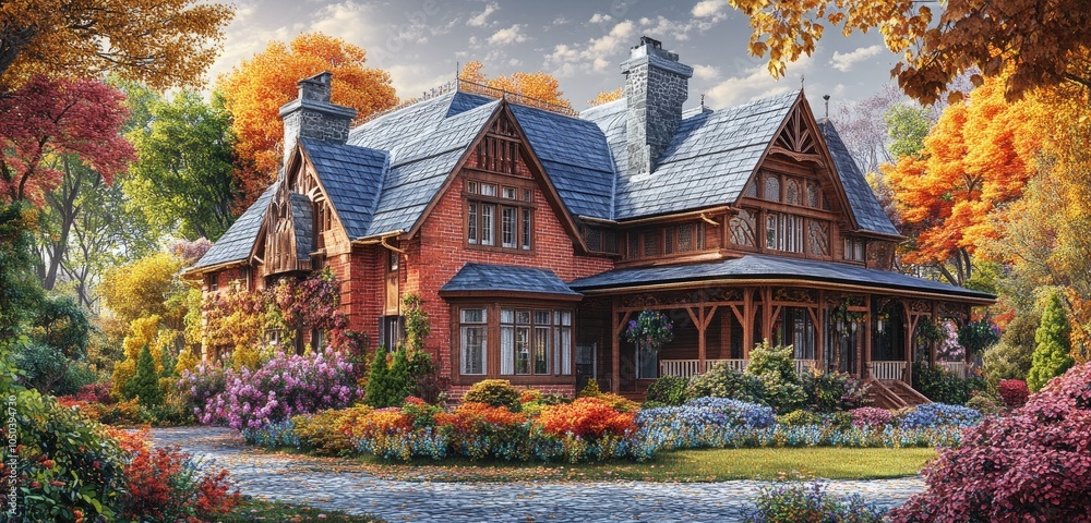 Fototapeta premium An elegant colonial-style home featuring a slate roof and intricate woodwork, set against a lush backdrop of vibrant foliage and colorful flowers.