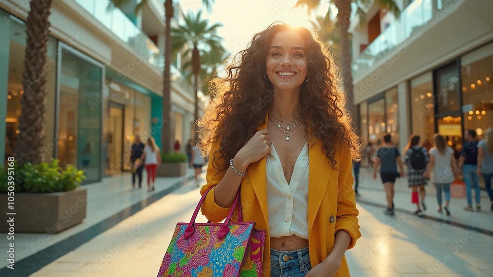 Fototapeta premium Beautiful fashionable woman with shopping bags walking near mall, 16:9 widescreen, 300 dpi, with free space for text