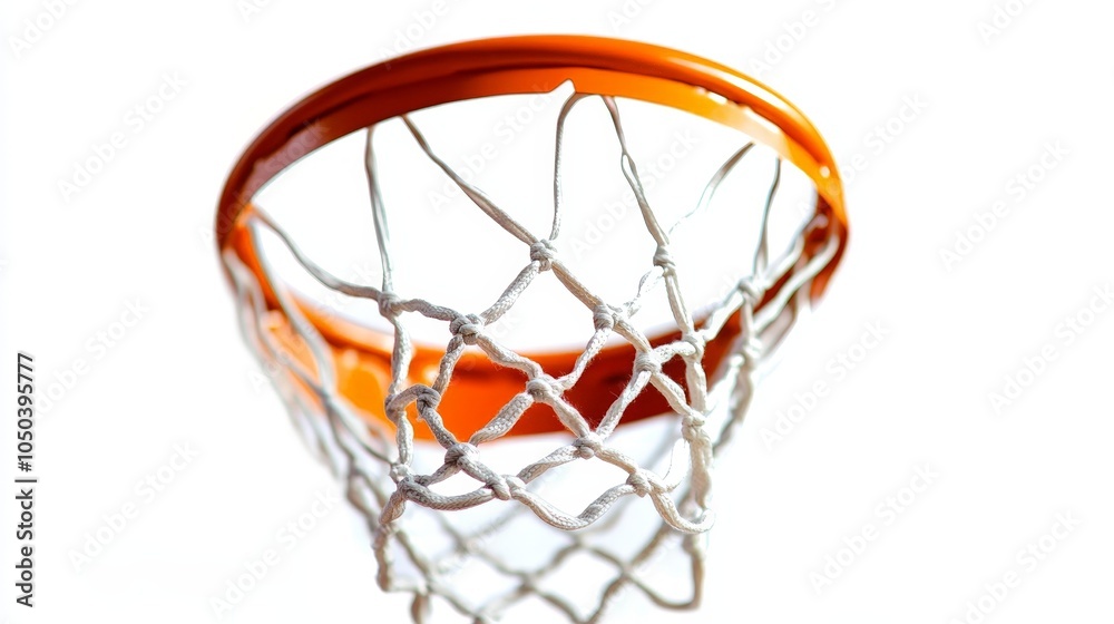 A basketball hoop with a net swaying from a recent shot, isolated on a white background A basketball hoop with a net swaying from a recent shot, isolated on a white background