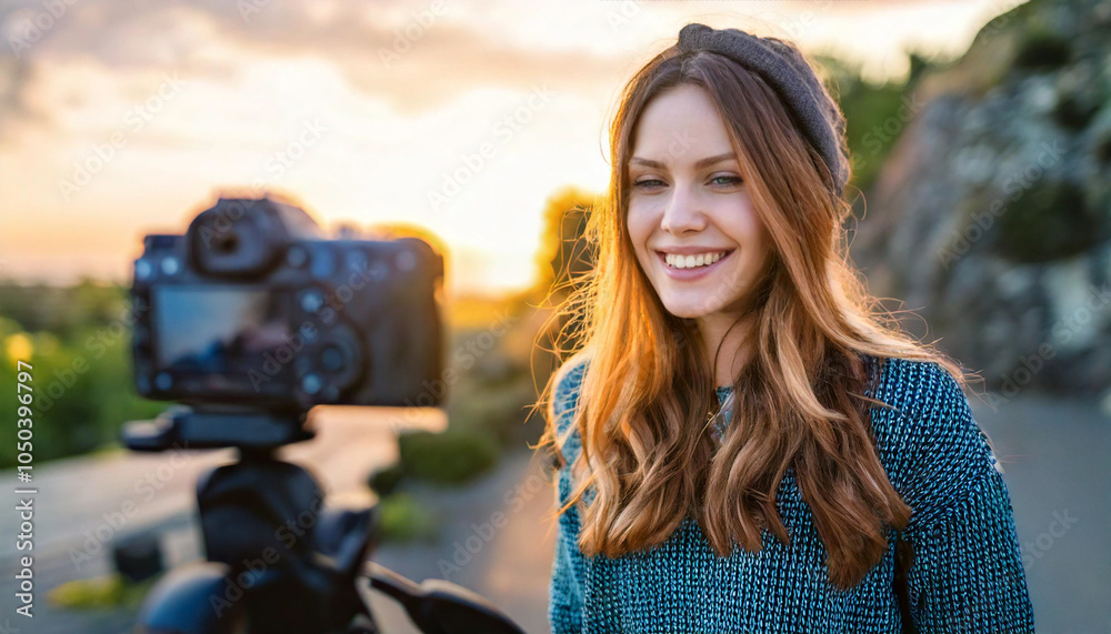 woman making video blog with smartphone gimbal outdoor..young woman influencer having fun with new technology trends for social media - People, generation z, tech and youth lifestyle concept woman making video blog with smartphone gimbal outdoor..young woman influencer having fun with new technology trends for social media - People, generation z, tech and youth lifestyle concept