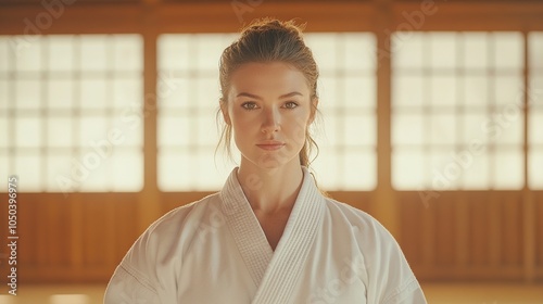 medium shot of a beautiful woman karateka with traditional white kimono in a traditional dojo