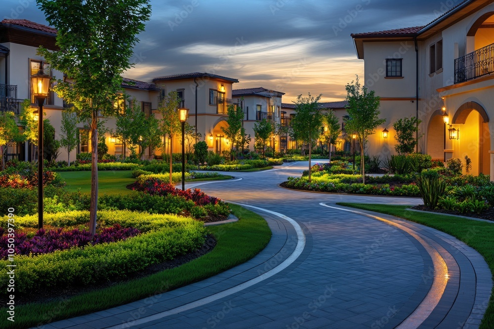 An elegant courtyard showcasing vibrant landscaping, curved pathways, and decorative lighting, creating a magical evening ambiance in a gated community. An elegant courtyard showcasing vibrant landscaping, curved pathways, and decorative lighting, creating a magical evening ambiance in a gated community.