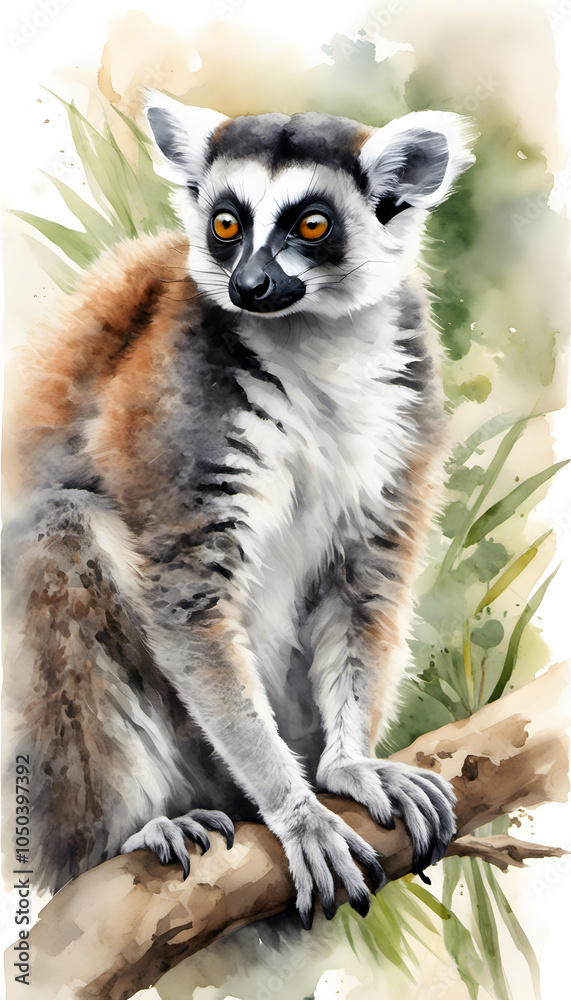 Fototapeta premium Watercolor illustration of a ring-tailed lemur with vivid orange eyes and detailed fur texture.