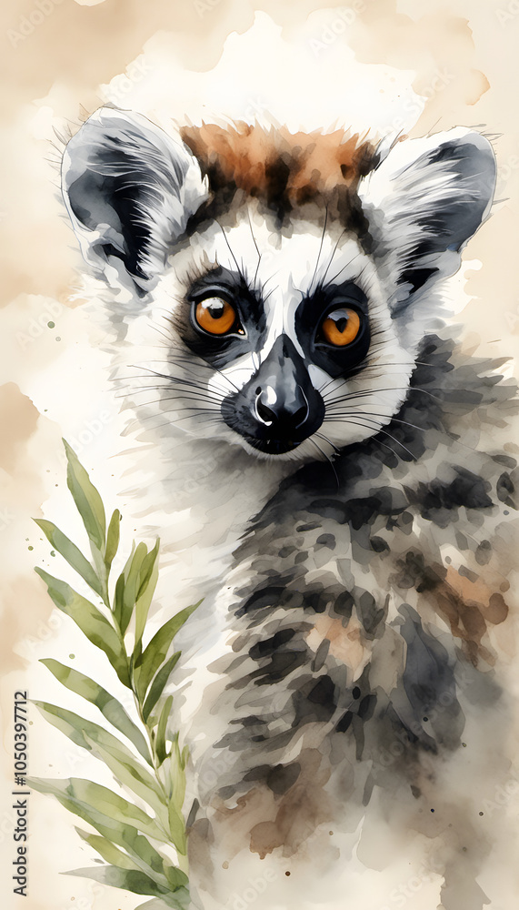 Obraz premium Watercolor illustration of a ring-tailed lemur with vivid orange eyes and detailed fur texture.