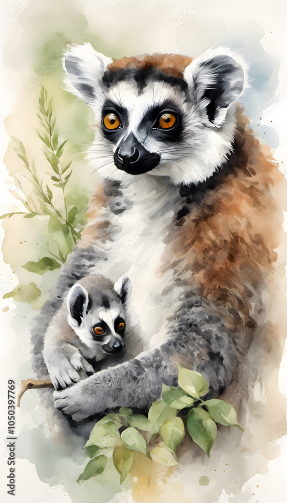 Fototapeta premium Watercolor illustration of a ring-tailed lemur with vivid orange eyes and detailed fur texture.