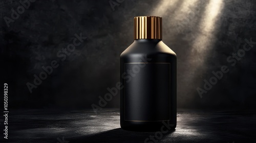 A premium matte black beverage bottle with an elegant golden cap is displayed under a spotlight photo