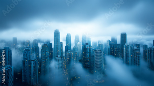 Majestic urban skyline shrouded in mystical fog and soft light, creating a serene and ethereal atmosphere in a modern cityscape.
