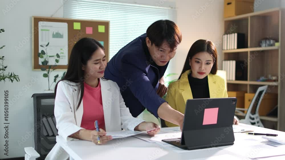 Business team analyzing data on laptop in office meeting. Colleague engage in a discussion. A manager provides coaching to employees, fostering teamwork and strategic planning. Business team analyzing data on laptop in office meeting. Colleague engage in a discussion. A manager provides coaching to employees, fostering teamwork and strategic planning.