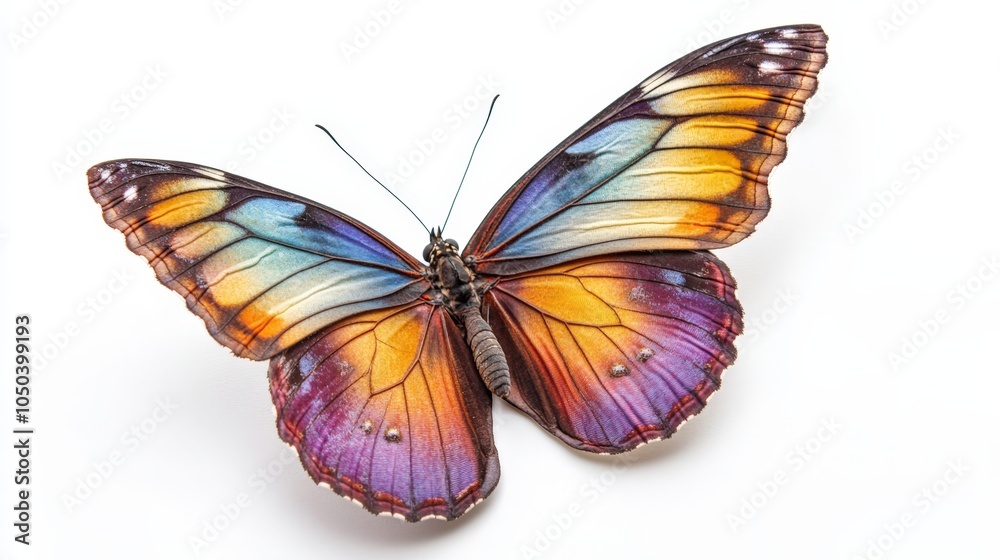 A colorful butterfly fluttering gently, wings fully open, isolated on a white background A colorful butterfly fluttering gently, wings fully open, isolated on a white background