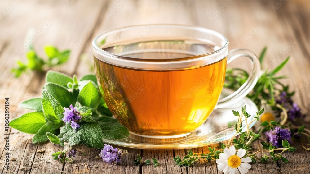 Herbal Tea in Glass Cup with Fresh Herbs and Flowers Herbal Tea in Glass Cup with Fresh Herbs and Flowers